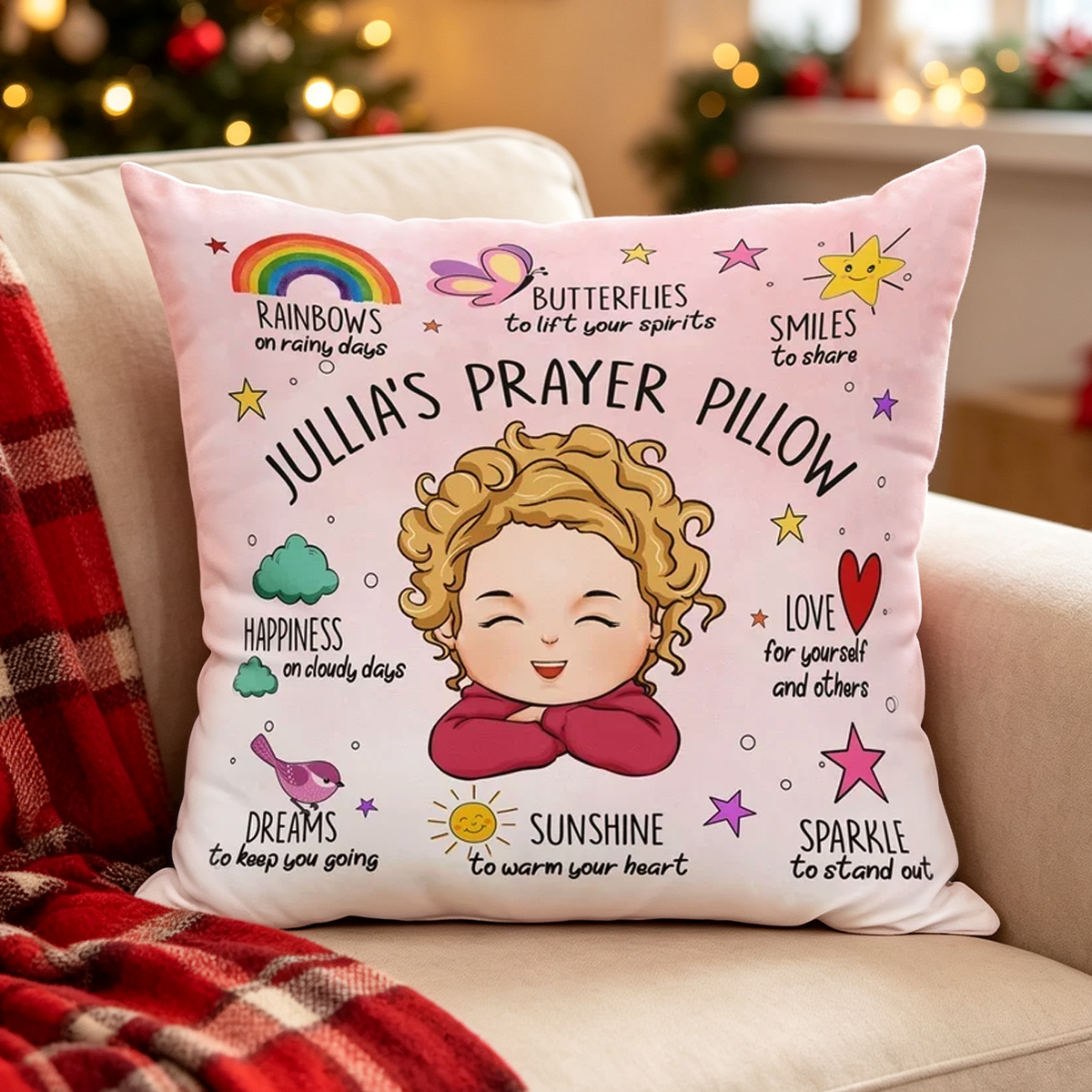 Personalized Square Pillow with Smiling Child Art and Uplifting Quotes, Creative Gift for Kids