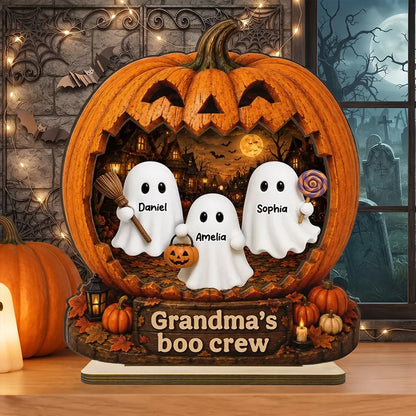 Personalized 2-Layer Wooden Plaque, Halloween Pumpkin Ghost Decor, Unique Gift for Grandma