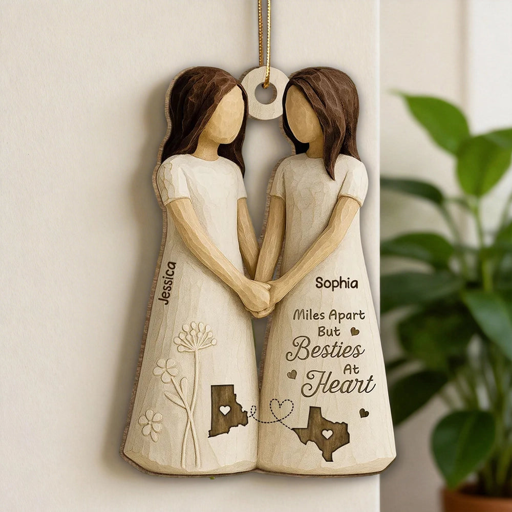 Personalized Wooden Ornament Best Friends Holding Hands, Simple Neutral Decor, Unique Besties Gift for Her