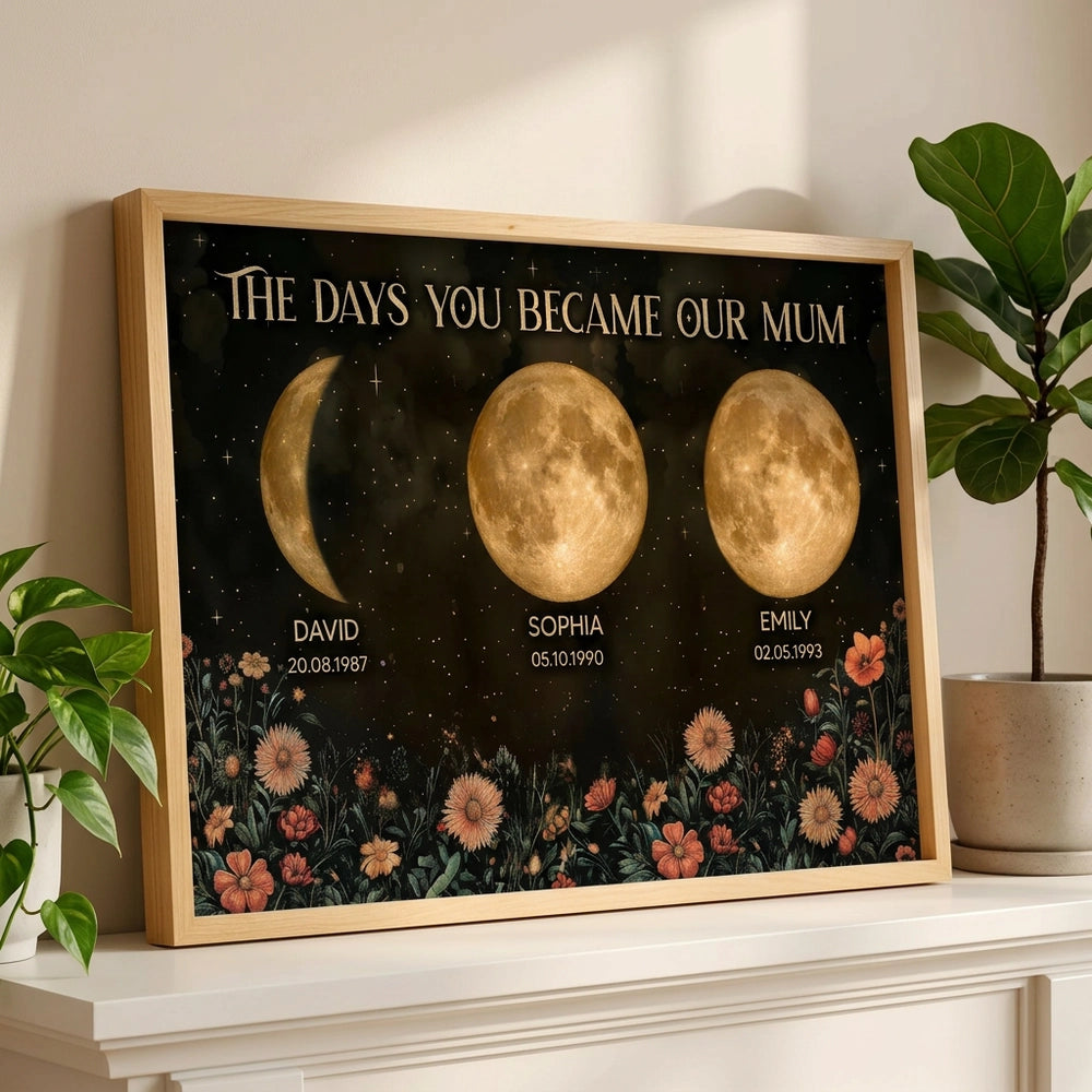 Personalized Moon Phases & Vintage Wildflowers Poster for Mom, The Days You Became Our Mum, Unique Mother's Day Gift