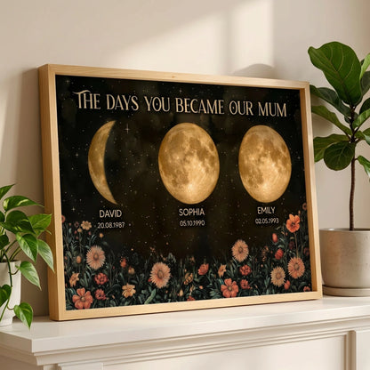 Personalized Moon Phases & Vintage Wildflowers Poster for Mom, The Days You Became Our Mum, Unique Mother's Day Gift
