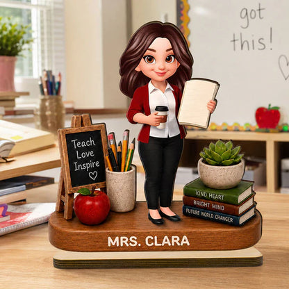 Personalized 2-Layer Wooden Plaque, Standing Teacher with Coffee & Book, Unique Creative Gift