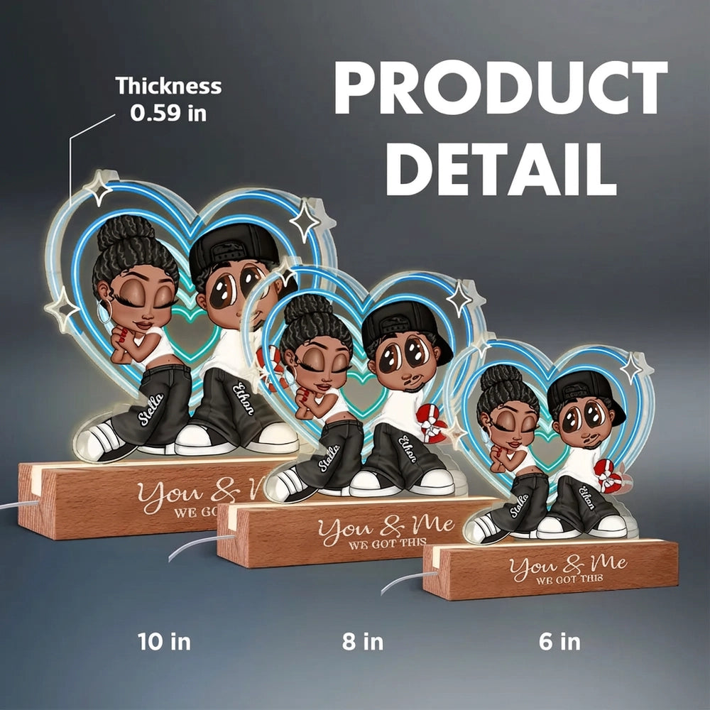 Personalized Shaped Acrylic Block LED Plaque Cute Cartoon Couple in Heart Glow Romantic Unique Gift for Girlfriend or Boyfriend