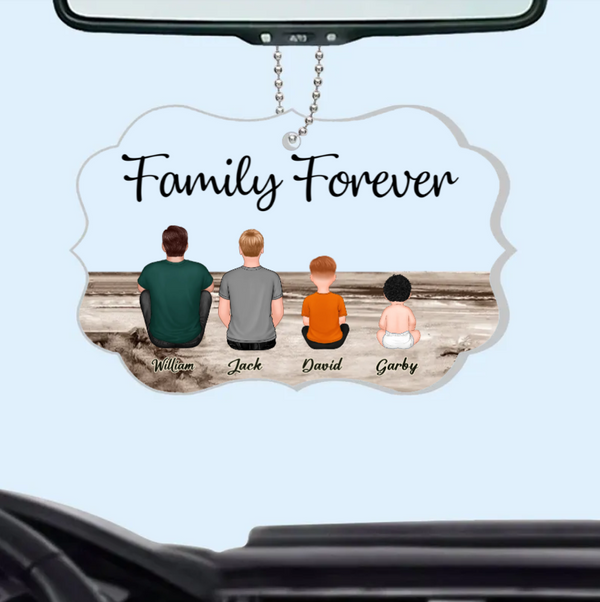 "Beach Landscape Family Sitting Back View Acrylic Or Wooden Car Hanger, Perfect Gift for Father's Day, for Dad or Grandpa"
