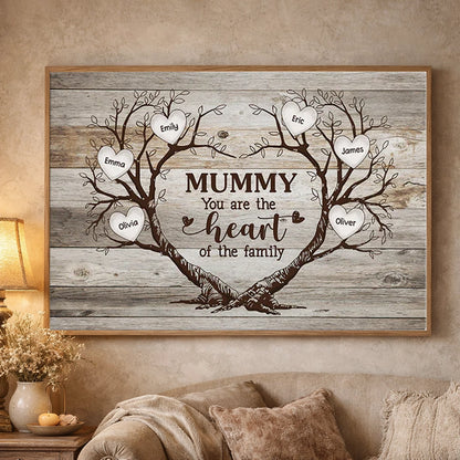 Personalized Mummy Heart of the Family Poster, Rustic Tree of Hearts Wall Art, Unique Gift for Mom