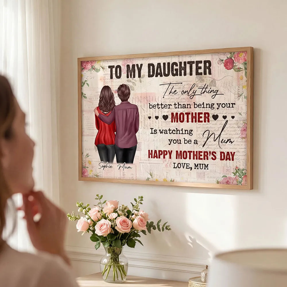 Personalized Mother Daughter Hug Poster, Vintage Floral Lettering Wall Art, Unique Mother's Day Gift for Mom