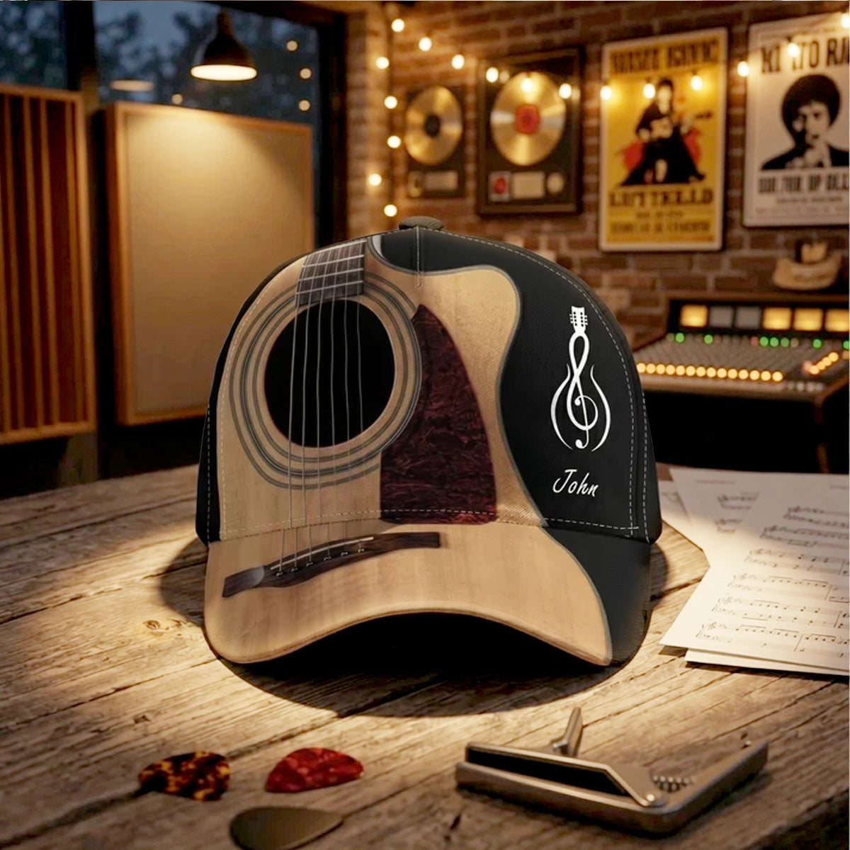 Personalized Classic Cap with Acoustic Guitar Design, Warm Wood Tones, Unique Gift for Guitarists