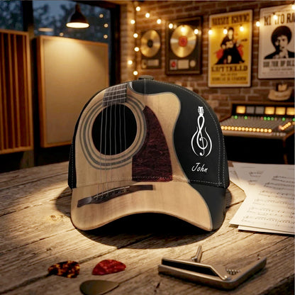 Personalized Classic Cap with Acoustic Guitar Design, Warm Wood Tones, Unique Gift for Guitarists