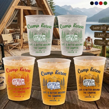 Personalized Frosted Plastic Cup with Camper & Campfire Quote, Unique Gift for Camping Fans