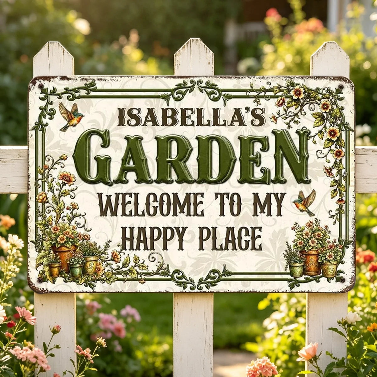 Personalized Rectangular Iron Sign, Vintage Garden Welcome Decor with Hummingbirds, Unique Gift for Garden Lover