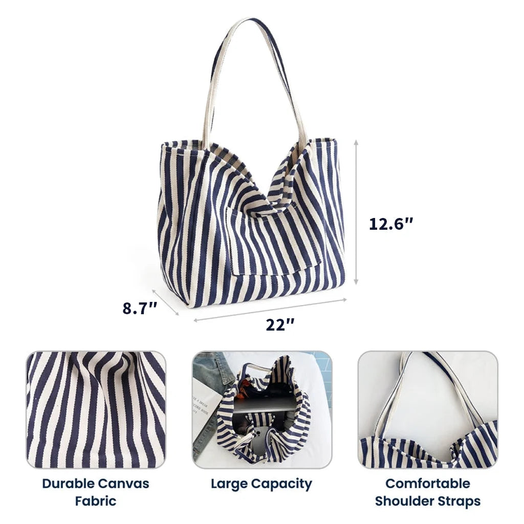 Personalized Striped Pocket Tote Bag with Birth Month Flowers, Sunlit Beach Style, Unique Gift for Wife, Daughter or Friend