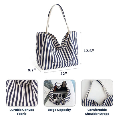 Personalized Striped Pocket Tote Bag with Birth Month Flowers, Sunlit Beach Style, Unique Gift for Wife, Daughter or Friend