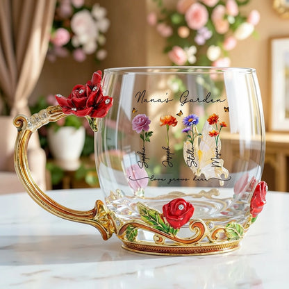 Personalized Enamel Flower Tea Cup, Nana's Garden Floral Gift for Grandma, A Unique Tea Time Keepsake