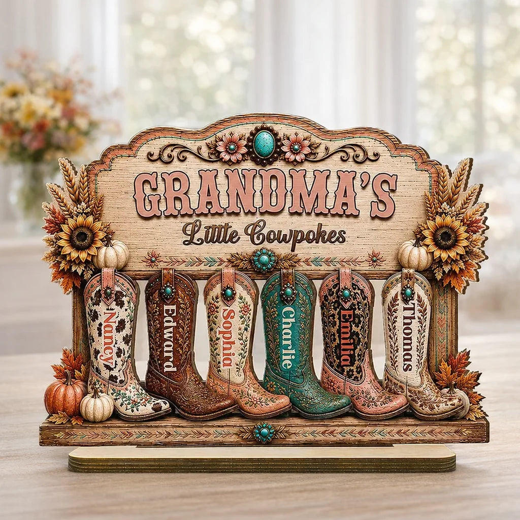 Personalized 2-Layer Wooden Plaque with Western Boots, Unique Gift for Grandma's Little Cowpokes