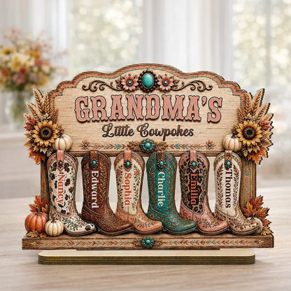 Personalized 2-Layer Wooden Plaque with Western Boots, Unique Gift for Grandma's Little Cowpokes