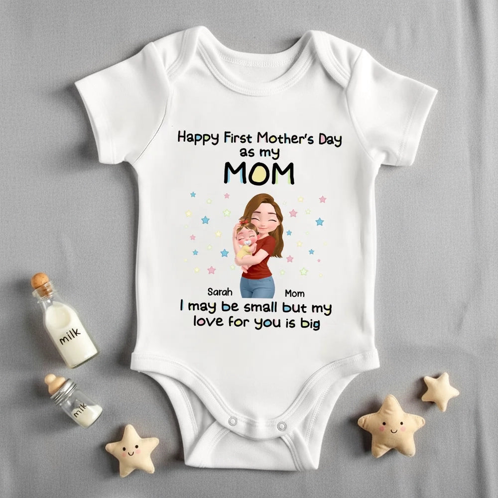 Personalized Short Sleeve Baby Onesie 'Happy First Mother's Day as my Mom' Cute Mom & Baby Hug Gift for New Mom