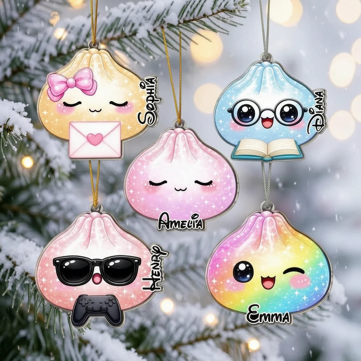 Personalized Acrylic Ornament, Cute Pastel Dumplings with Book and Game on a Christmas Tree, Unique Family Gift