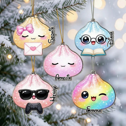 Personalized Acrylic Ornament, Cute Pastel Dumplings with Book and Game on a Christmas Tree, Unique Family Gift