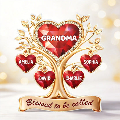 Personalized Shaped Acrylic Block Plaque Heart Family Tree for Grandma, 'Blessed to be called' Keepsake, Unique Gift