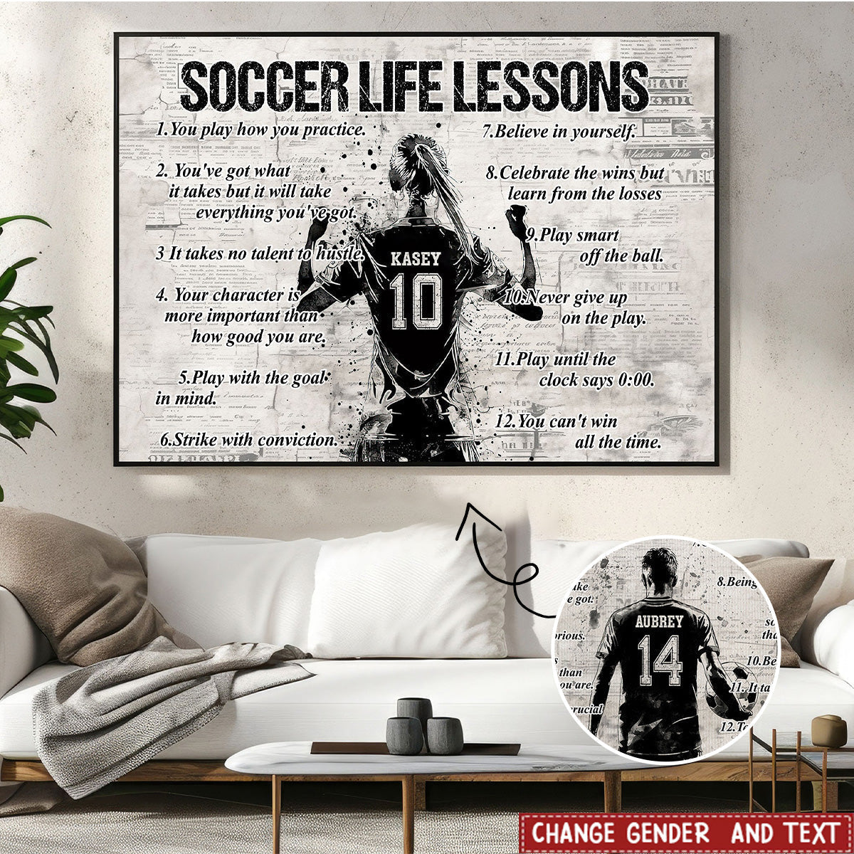 Soccer Life Lessons Personalized Canvas, Back View Player Art, Unique Gift for Soccer Player