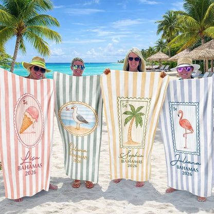 Personalized Beach Towel with Pastel Stripes, Friends Holding Matching Towels by the Sea, Unique Travel Gift