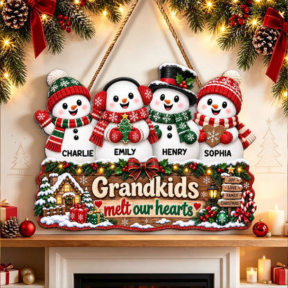 Grandkids Melt Our Hearts Personalized Wooden Sign, Festive Snowman Decor, Creative Gift for Grandparents