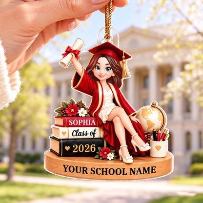 Personalized Graduation Acrylic Ornament, Diploma-Holding Graduate with Books, Creative Keepsake Gift for Her