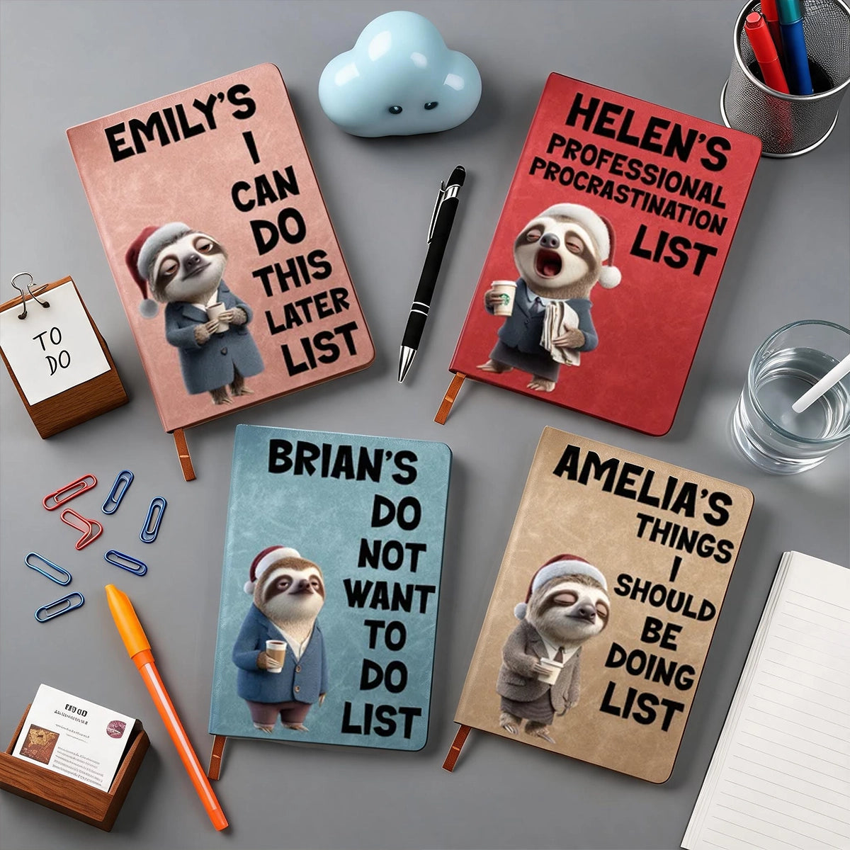 Personalized Leather Journal with Sleepy Sloth Holding Papers, Relatable Humor, Unique Gift for Coworkers