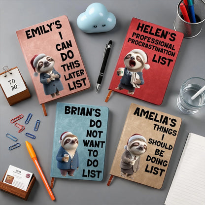 Personalized Leather Journal with Sleepy Sloth Holding Papers, Relatable Humor, Unique Gift for Coworkers