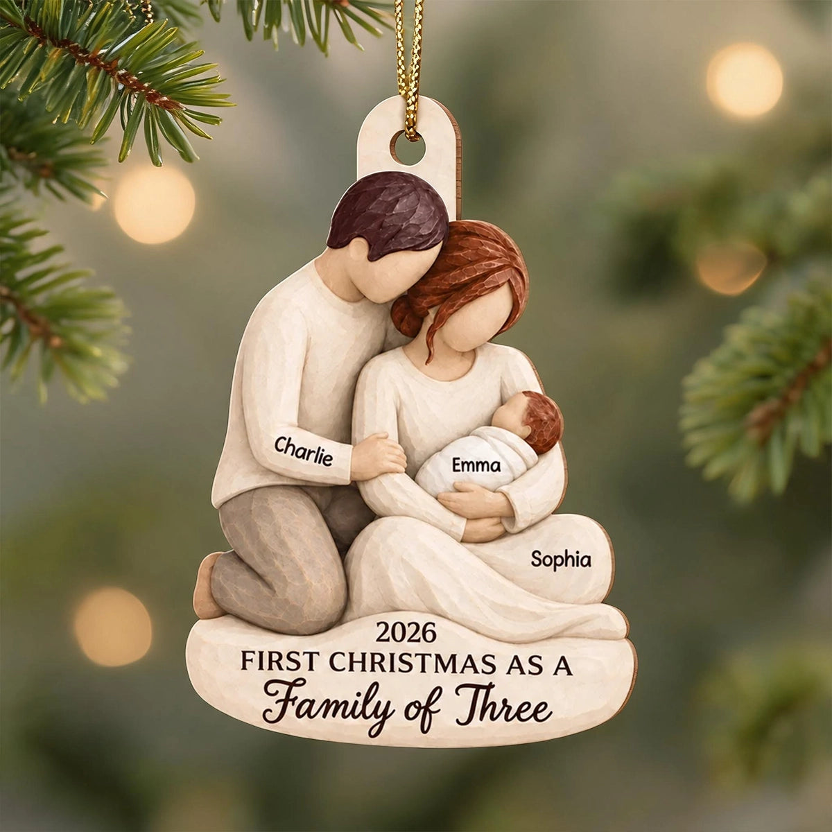 Wooden Ornament, Personalized New Family Keepsake, Tender Parents Holding Baby, Creative Gift for New Parents