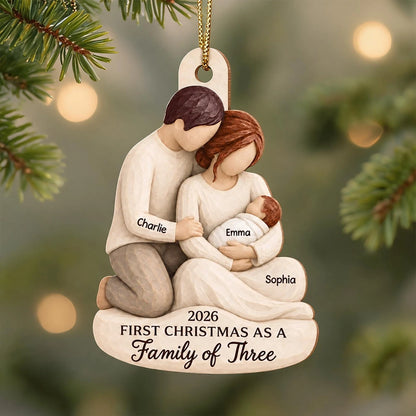 Wooden Ornament, Personalized New Family Keepsake, Tender Parents Holding Baby, Creative Gift for New Parents