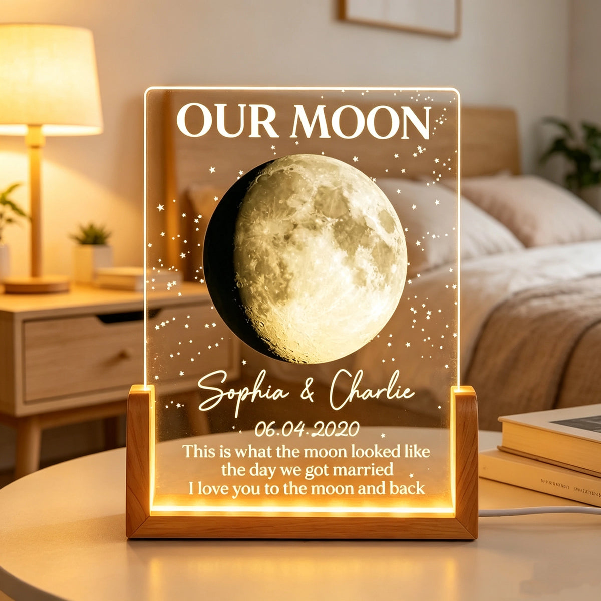 Personalized Moon Phase LED Light Frame, Unique Gift for Couple, Warm Starry Wedding Anniversary Keepsake