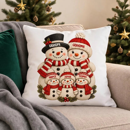 Personalized Square Pillow, Snowman Grandparents & Grandkids Gathered Together, Unique Christmas Gift for Grandparents