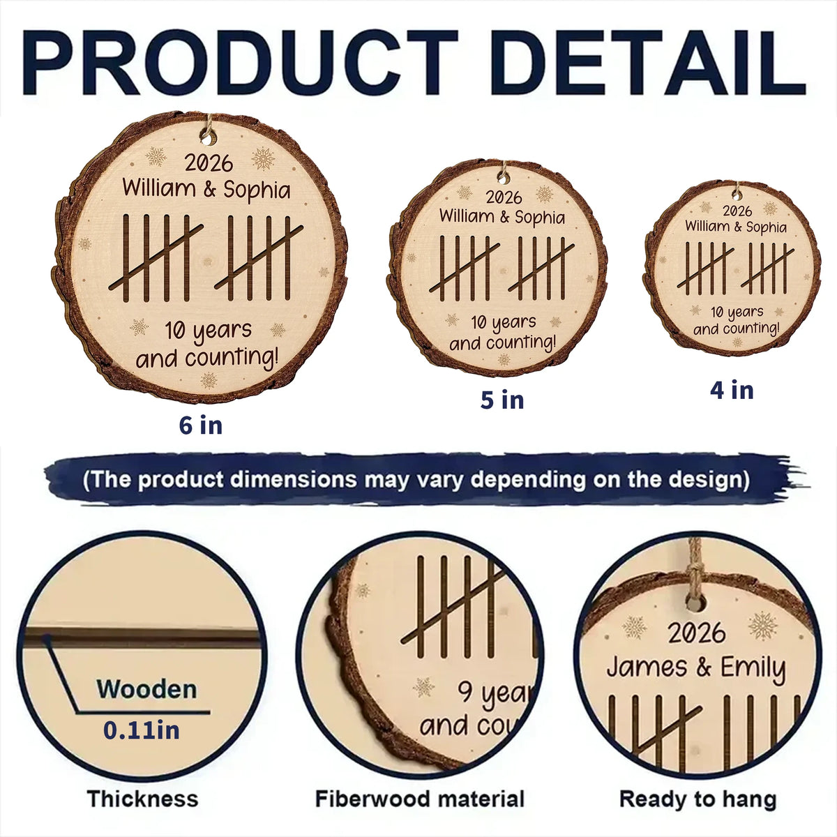 Personalized Wooden Ornament, Custom Couple Anniversary Tally Marks, Rustic Snowflake Unique Gift