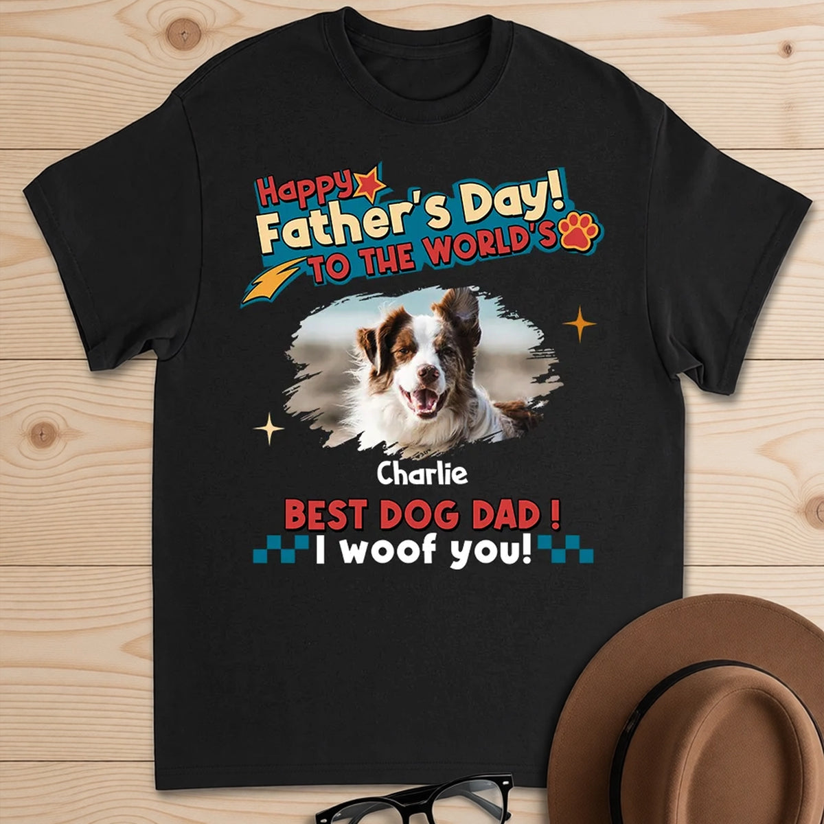 Classic Tee for Dog Dad, Custom Pet Photo Shirt with I Woof You, Creative Gift with Playful Colors