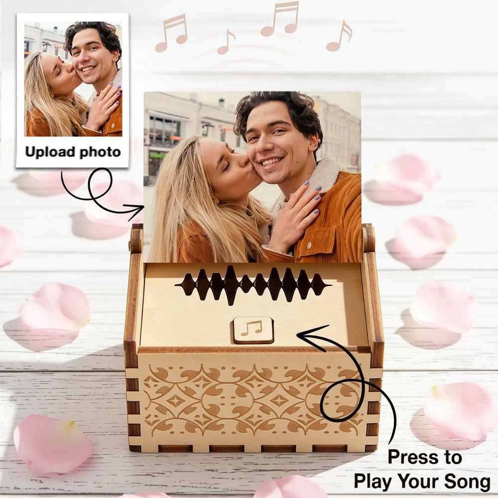 Personalized Wooden Music Box With Your Photo And Song - Romantic City Kiss Keepsake, Unique Gift For Couples