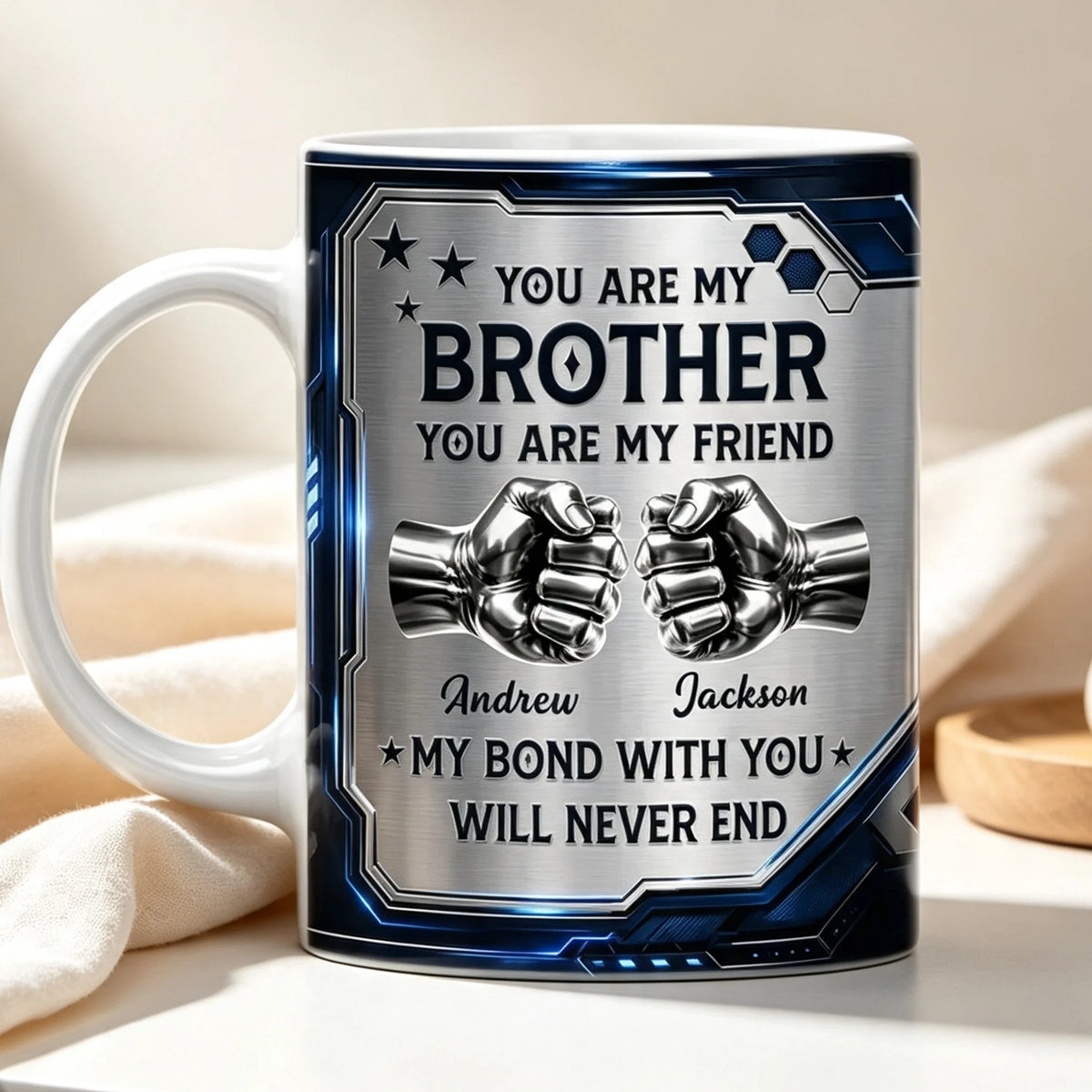 Personalized Mug, Metallic Blue Fist Bump Design, You Are My Brother Quote, Unique Gift for Brother
