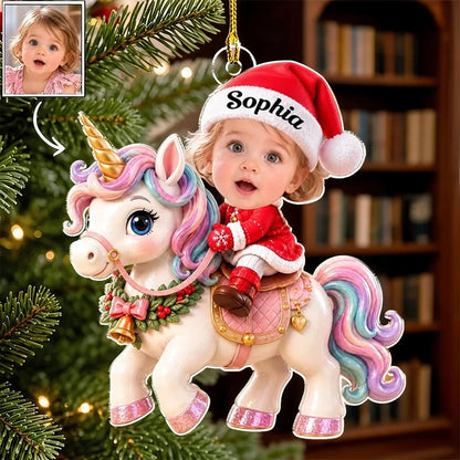 Personalized Acrylic Ornament, Baby Riding a Pastel Unicorn by a Christmas Tree, Unique Gift for Family