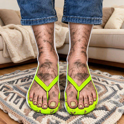 Personalized Crew Socks, Realistic Furry Feet in Green Flip Flops, Creative Gag Gift for Him or Her