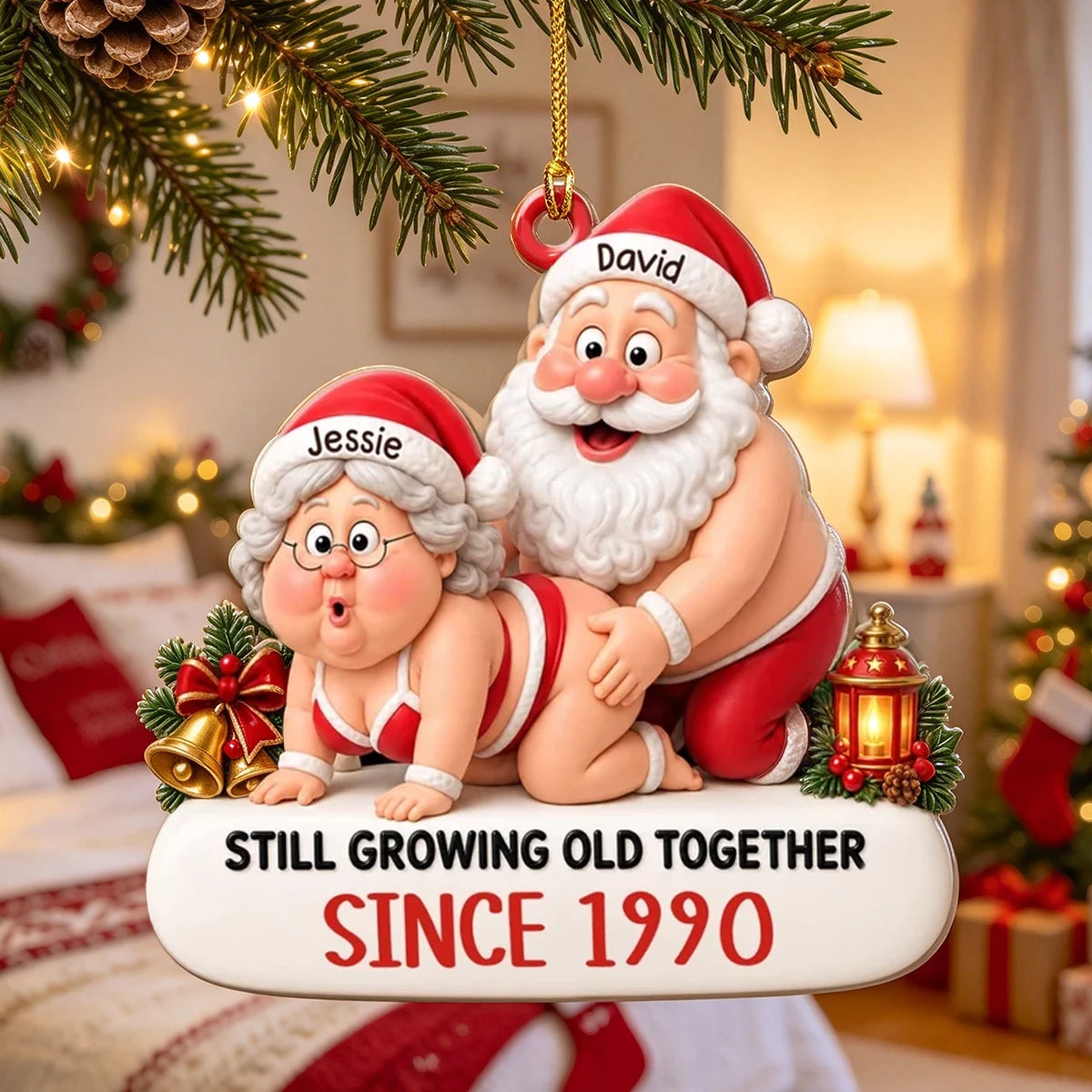 Personalized Acrylic Ornament, Playful Santa Couple Design, Unique Christmas and Anniversary Gift
