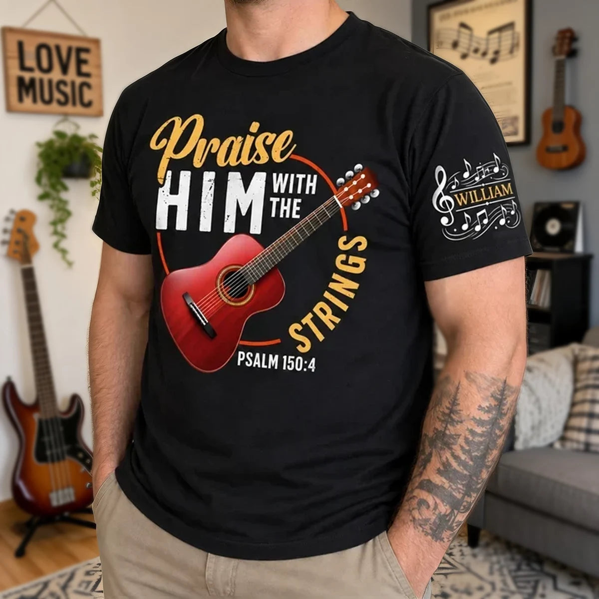 Praise Him With the Strings Dual Print Classic Tee, Personalized Faith Design, Creative Gift for Guitarists