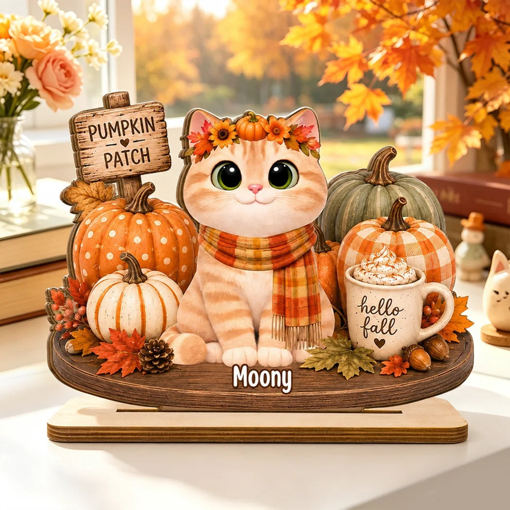 Personalized 2-Layer Wooden Plaque, Sitting Cat in Pumpkin Patch, Unique Fall Gift for Cat Lovers