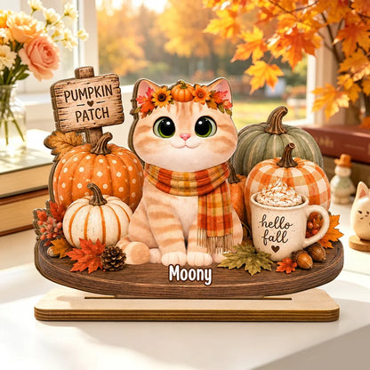 Personalized 2-Layer Wooden Plaque, Sitting Cat in Pumpkin Patch, Unique Fall Gift for Cat Lovers