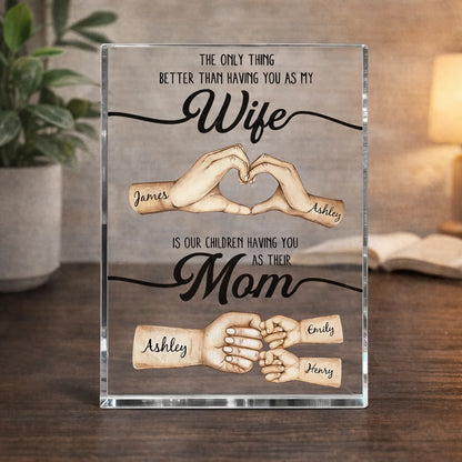 Rectangle Acrylic Block Plaque Personalized for Wife, Sweet Mom Keepsake with Hand Heart and Fist Bump Art, Unique Gift