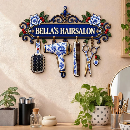 Personalized Shaped Metal Sign, Ornate Blue Floral Salon Tools Decor, Unique Gift for Hair Stylist