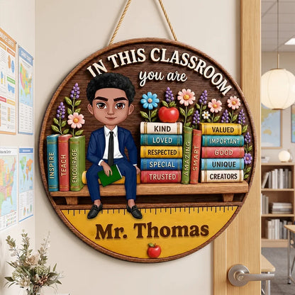 Personalized Wooden Sign with Seated Male Teacher, Classroom Door Decor, Unique Creative Gift