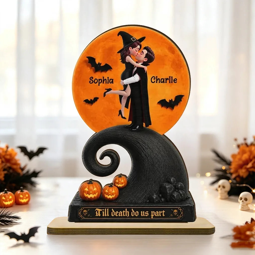 Personalized 2-Layer Wooden Plaque, Halloween Moon Couple Kiss, Unique Creative Gift for Couple