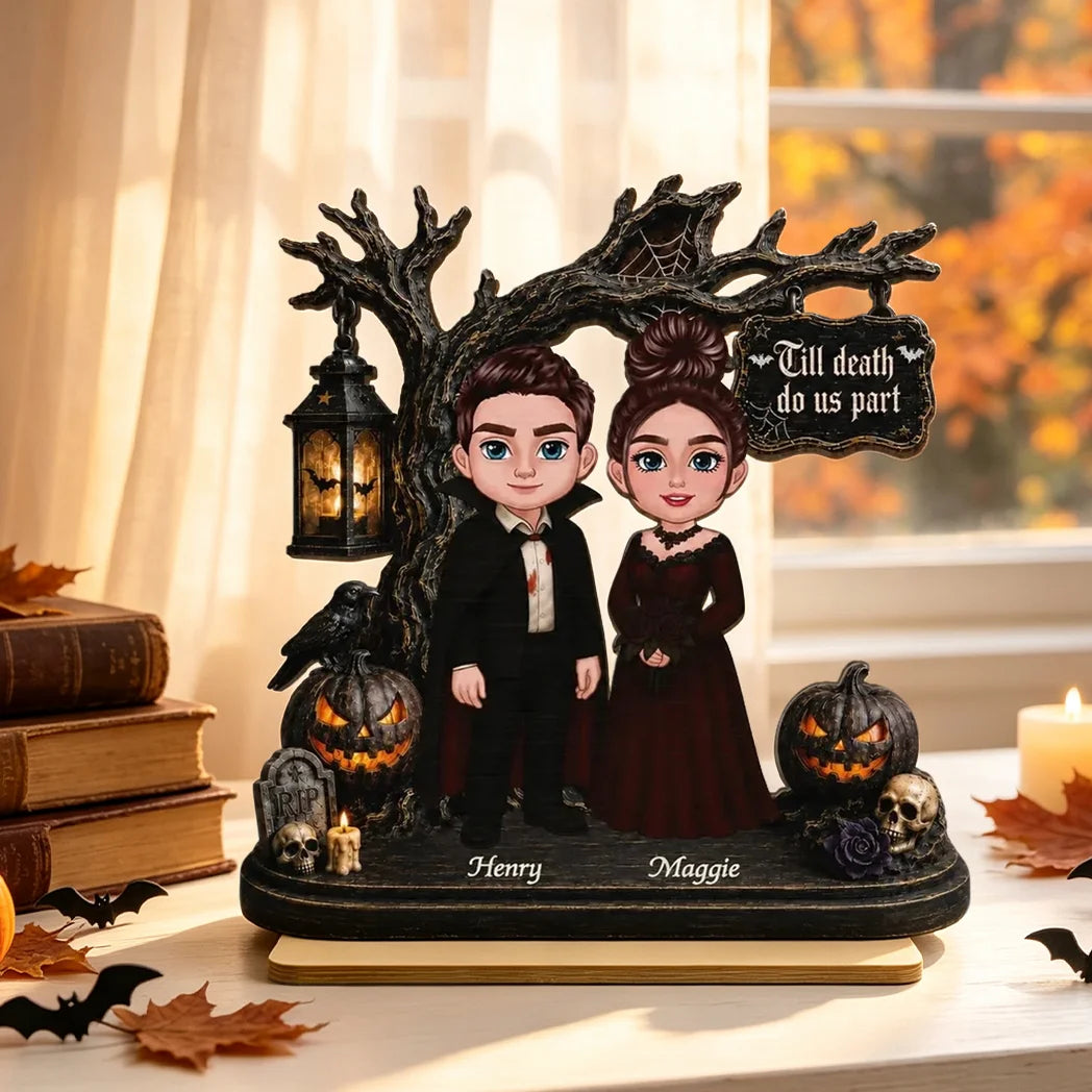 Personalized 2-Layer Wooden Plaque, Black and Amber Gothic Couple, Unique Halloween Gift for Couples
