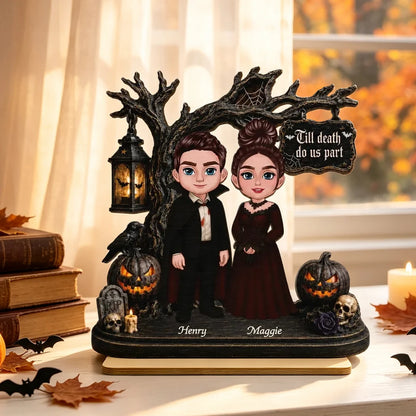 Personalized 2-Layer Wooden Plaque, Black and Amber Gothic Couple, Unique Halloween Gift for Couples