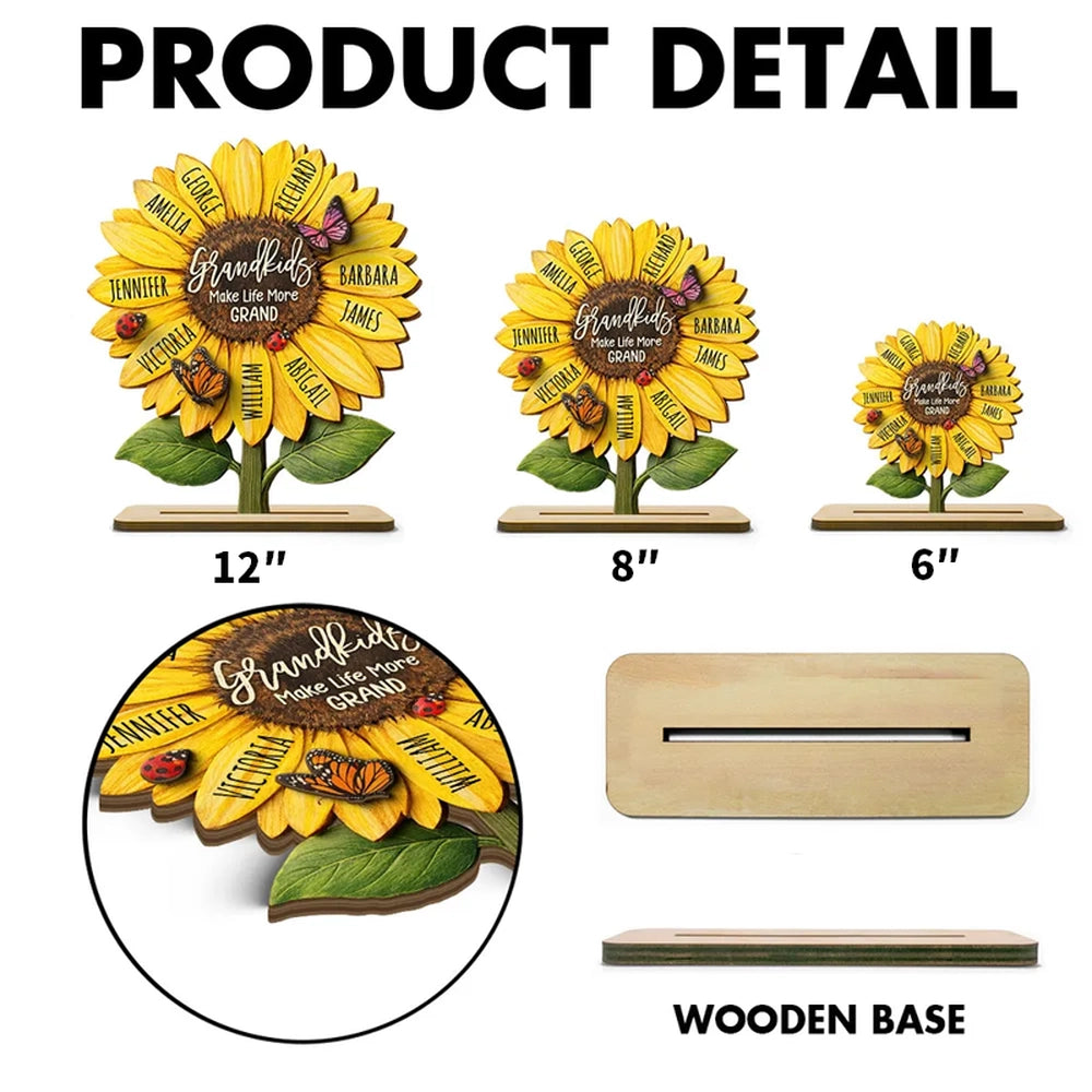 Personalized Sunflower 2-Layer Wooden Plaque for Grandma, Grandkids Make Life More Grand, Unique Gift for Her